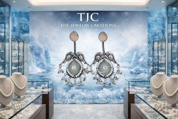 Silver Replica | Aqua Grey Chalcedony & Pearl | Oxidised Kashmiri Earrings |
