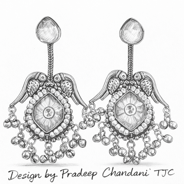 Silver Replica | Yellow Chalcedony & Pearl | Oxidised Kashmiri Earrings |