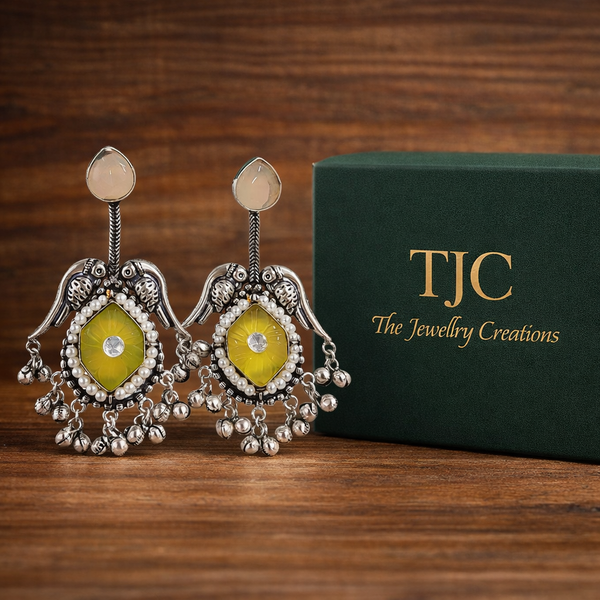 Silver Replica | Yellow Chalcedony & Pearl | Oxidised Kashmiri Earrings |