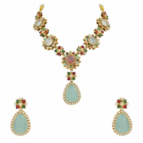 Navratan Sabyasachi Inspired | Matte Gold Finish | Necklace Set with Earrings |