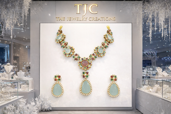 Navratan Sabyasachi Inspired | Matte Gold Finish | Necklace Set with Earrings |