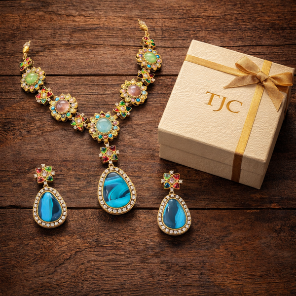 Navratan Sabyasachi Inspired | Matte Gold Finish | Necklace Set with Earrings |