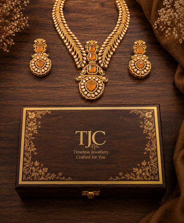 Premium Quality | Doublet Stone | Necklace Set | Orange Color |