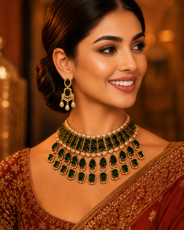 Premium Quality | Precious Inspired ColorStone | Necklace Set | Green Color |