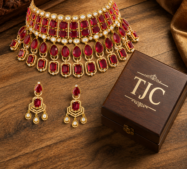 Premium Quality | Precious Inspired ColorStone | Necklace Set | Red Color |