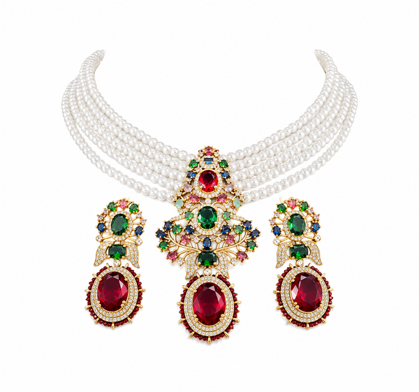 Premium Quality | Monalisa Stone | Choker Set | Red & Green Color |