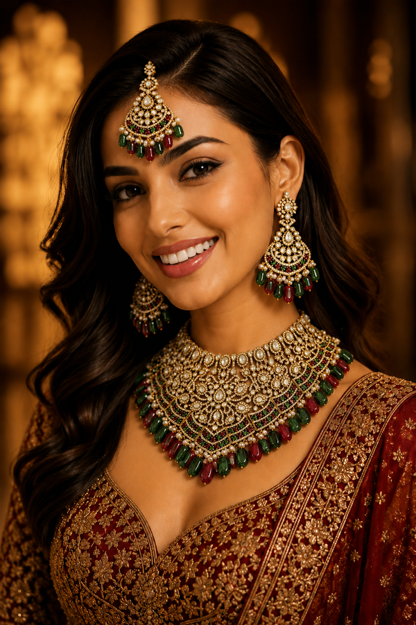 Premium Quality | 14 Carrot Anti Gold Polish | Bridal Set | Red& Green Color |