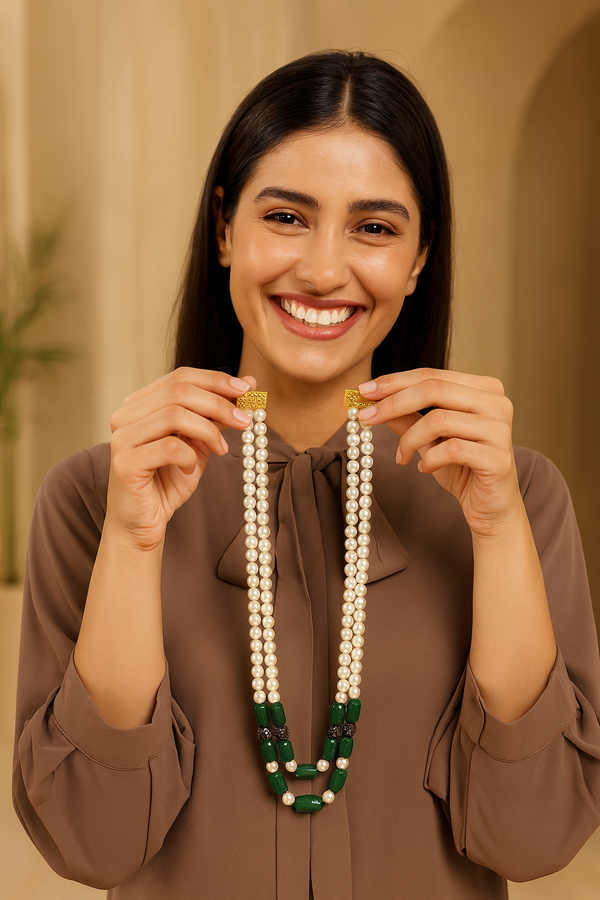 Premium Pearl Mala with Green Glass Cabochon Pendant – 24 to 26 Inches
