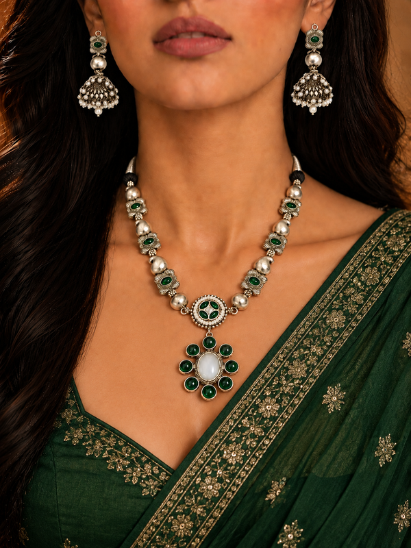 Premium Quality | German Silver | Necklace Set with Earrings | Emerald Color |