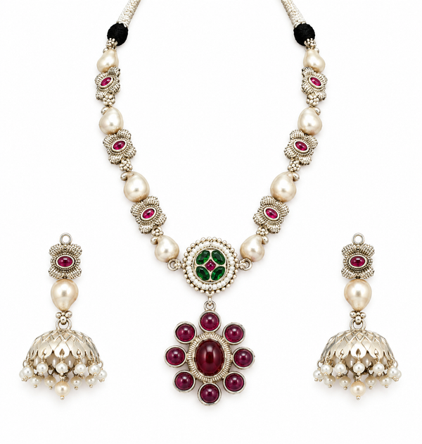 Premium Quality | German Silver | Necklace Set with Earrings | Ruby Color |