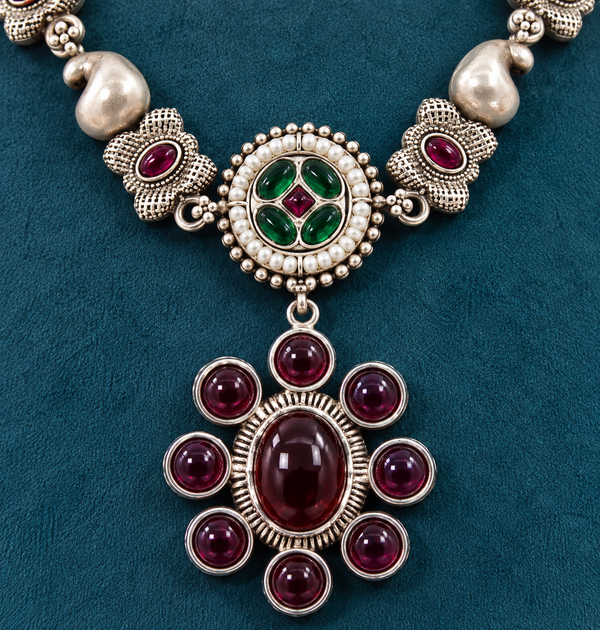 Premium Quality | German Silver | Necklace Set with Earrings | Ruby Color |