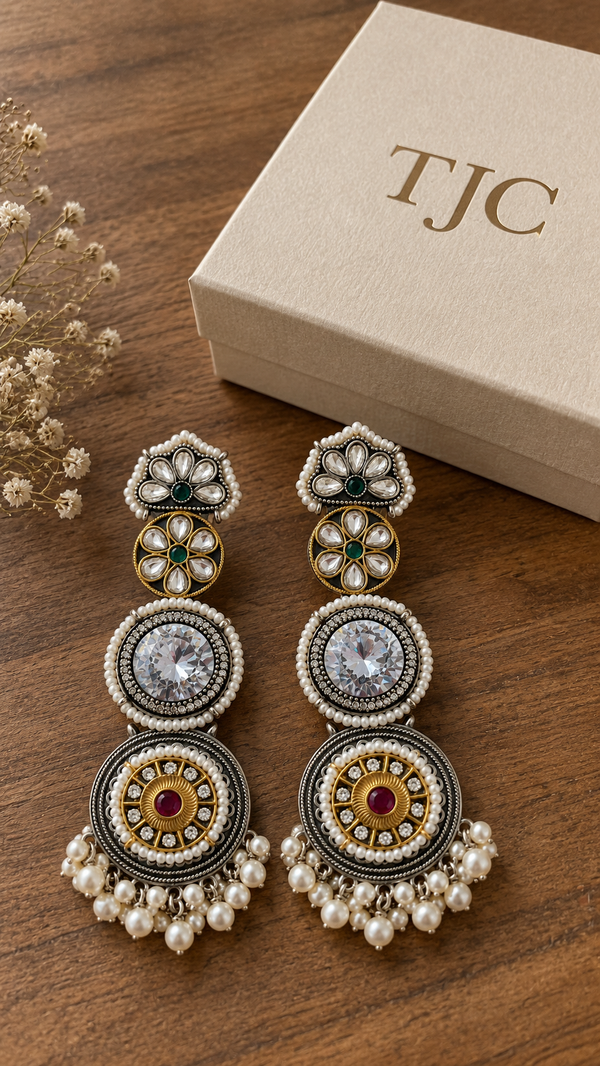 Premium Quality | Antique Silver | Crystal Stone | Earrings |