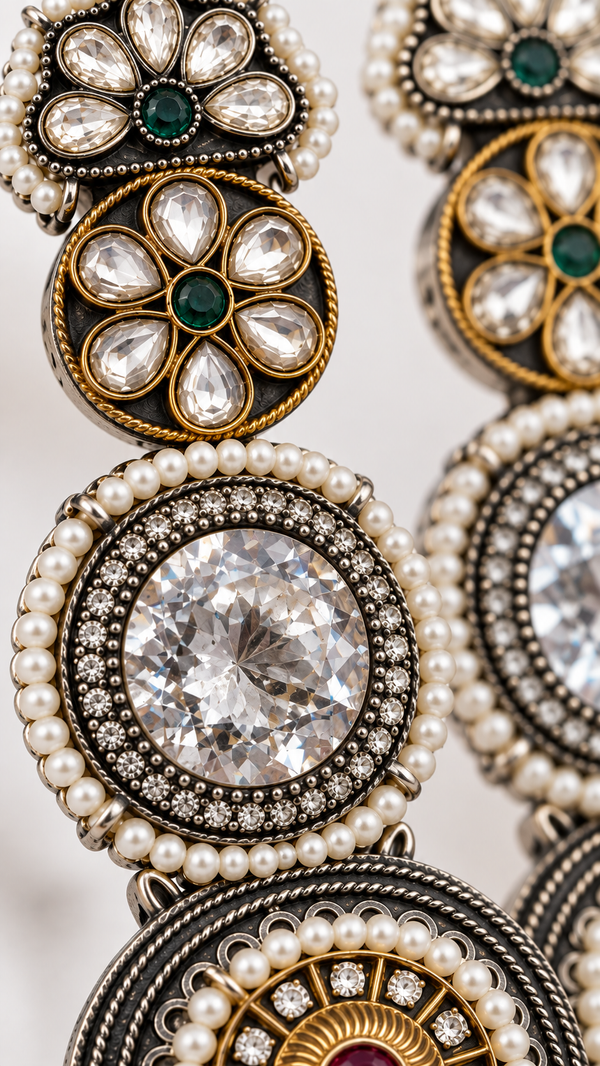 Premium Quality | Antique Silver | Crystal Stone | Earrings |