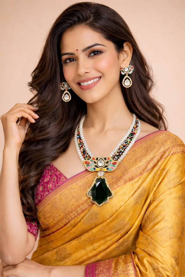 Indian Traditional Pear-Shape Doublet Stone Necklace Set