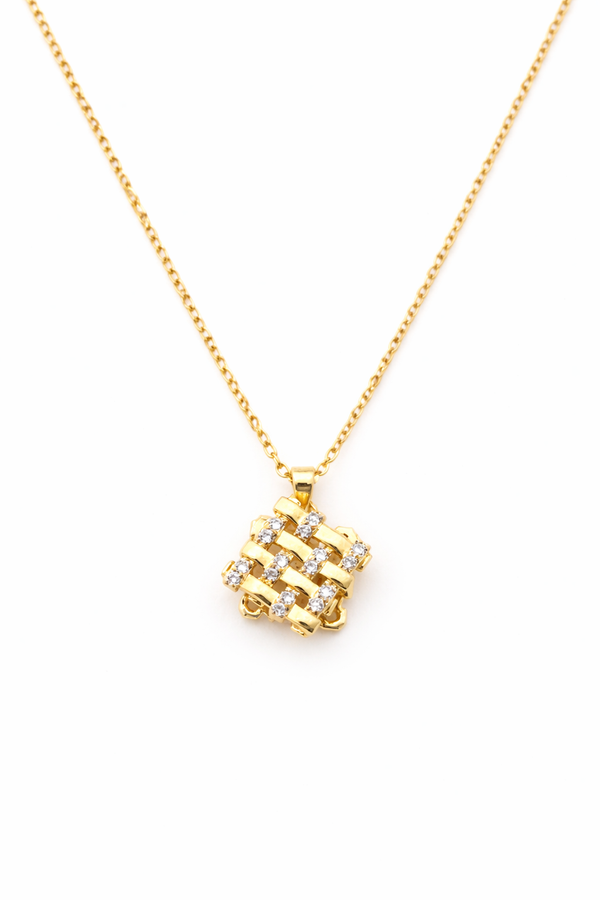 Anti - Tarnish Golden Sparkle Lattice Square Premium Chain Pendant with Gold Plated