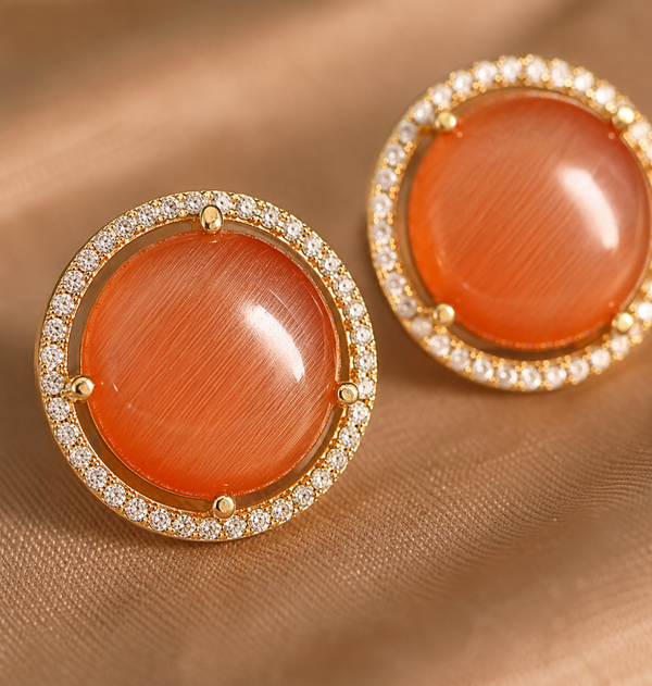 Premium Quality | Studs Earrings| Orange Color | Artificial Stone |