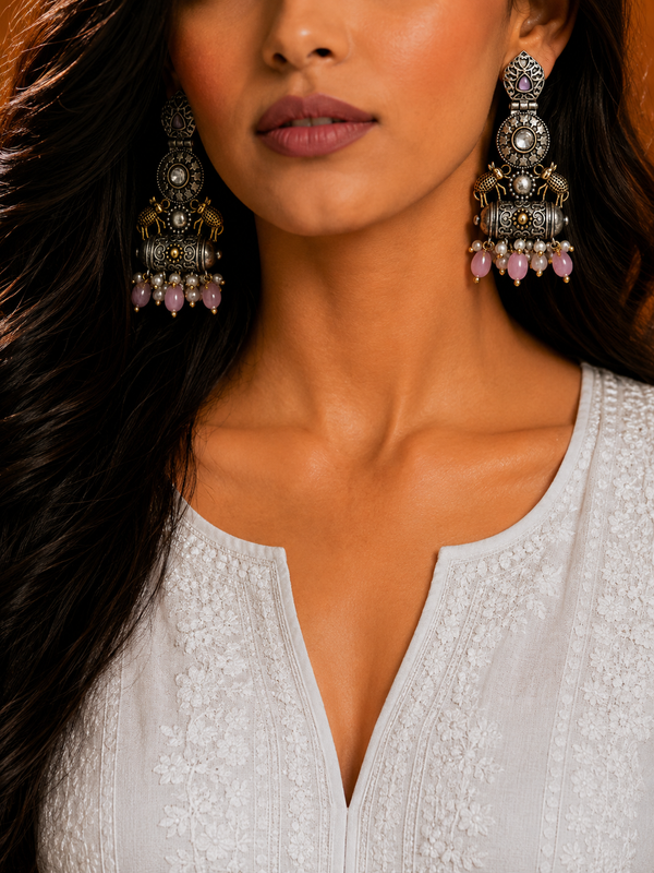 Premium Quality I Silver Plated I Oxidised Earrings IPink beads I