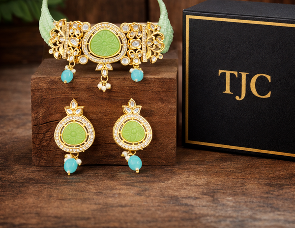 Premium Quality | Carving Stone | Choker Necklace with Earrings |