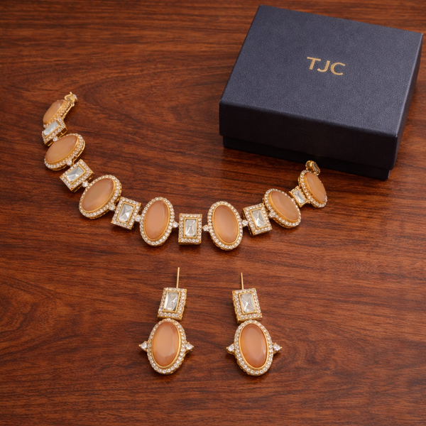 Premium Quality | Indian Monalisa & Polki | Bridal Necklace with earrings | Gold Matte Finish |