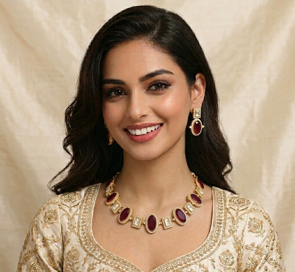 Premium Quality | Indian Monalisa & Polki | Bridal Necklace with earrings | Gold Matte Finish |