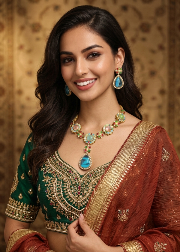 Navratan Sabyasachi Inspired | Matte Gold Finish | Necklace Set with Earrings |