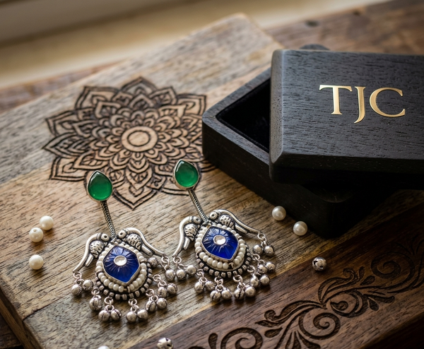 Silver Replica | Swiss Blue Chalcedony & Pearl | Oxidised Kashmiri Earrings |
