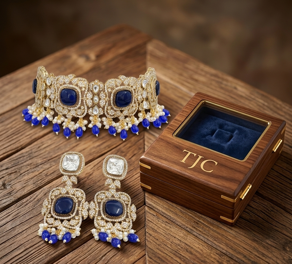 Monalisa Royal Blue | American Diamond Choker Necklace Set with Earrings | Elegant Jewelry |