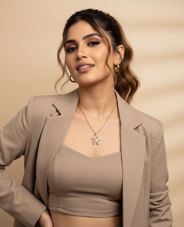 Anti - Tarnish Star Flower Shape Premium Chain Pendant with CZ Accents& Charm Anti -Tarnish Jewelry