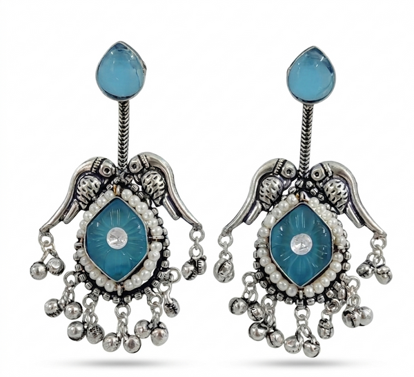 Silver Replica | Sky Blue Chalcedony & Pearl | Oxidised Kashmiri Earrings |