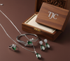 Green Emerald Inspired Faceted Glass Combo Jewelry Set With American Diamond Accents | Premium Quality Earrings ,Ring , Kada And Chain Pendant