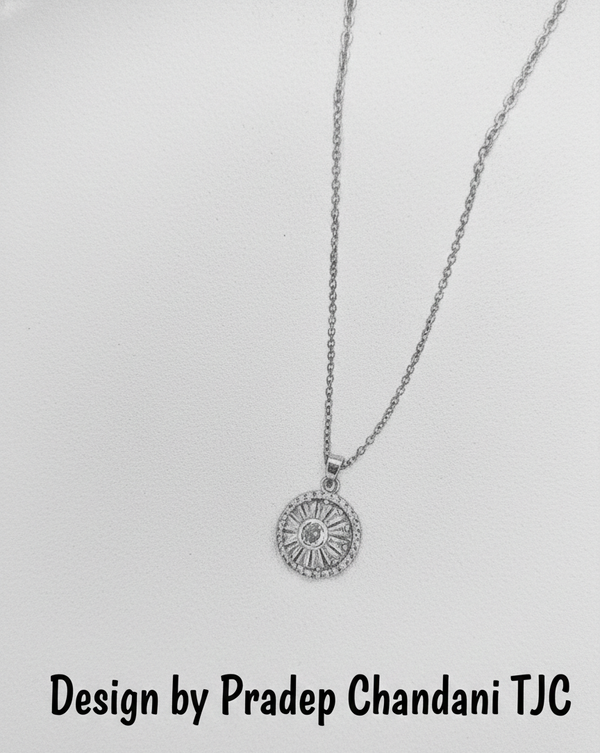 Anti - Tarnish Radiant Round Disc Shape Premium Chain Pendant with CZ Accents & Minimal / Elegant Anti - Tarnish Jewelry