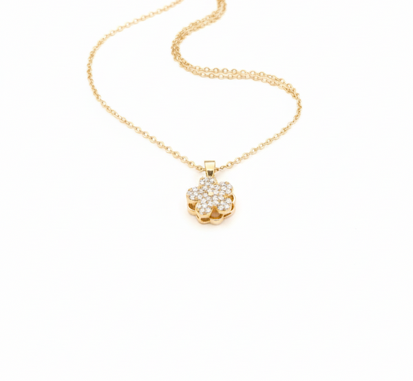 Anti - Tarnish Gold Plated Bloom Clover Five Petal Floral Shape Premium ChainPendantwith CZ Stones