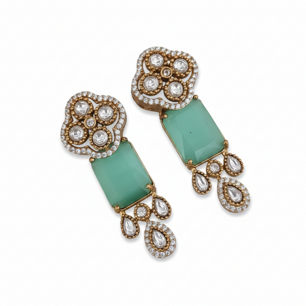 Traditional Long Tops Earrings in Green Aventurinewith Premium Quality & 14K Antique Gold Plated Earrings