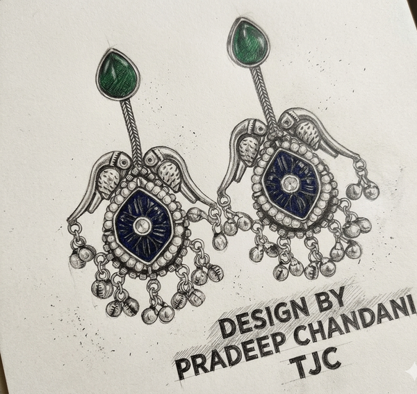 Silver Replica | Swiss Blue Chalcedony & Pearl | Oxidised Kashmiri Earrings |