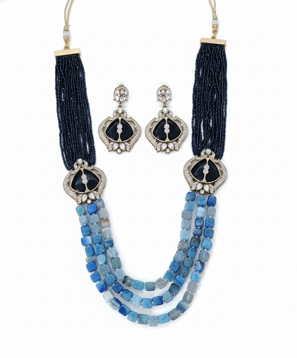 Blue Sapphire Inspired Indian Monalisa Glass Beads Elegant 3-Layer Beaded Necklace & Bollywood Celebrity Wear Premium Necklace