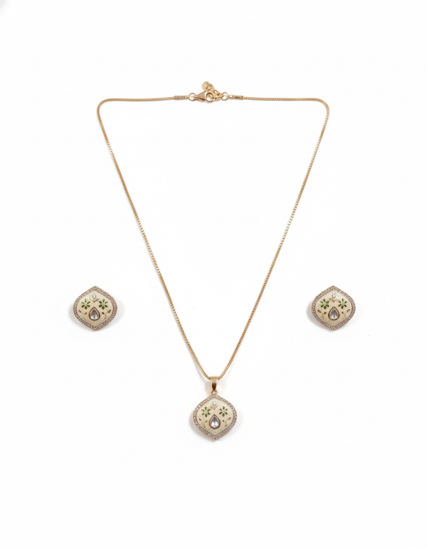 Italian Enamel Peach & Green Moissanite Polki Chain Pendant / Necklace Set