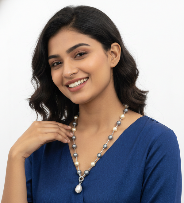 Mother of Pearl Brass Beaded Necklace/ Mala With American Diamond Accent & Statement Piece