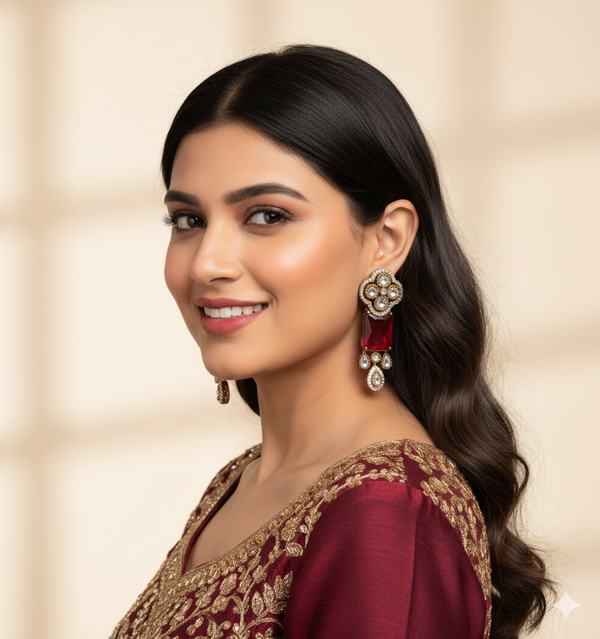 Traditional Long Tops Earrings in Ruby Red with Premium Quality & 14K Antique Gold Plated Earrings