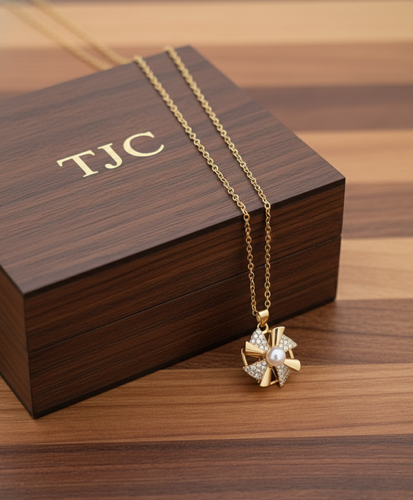 Anti - TarnishPinwheel Flower Shape Premium Chain Pendant with CZ Accents & Statement / Designer Anti- Tarnish Chain Pendant