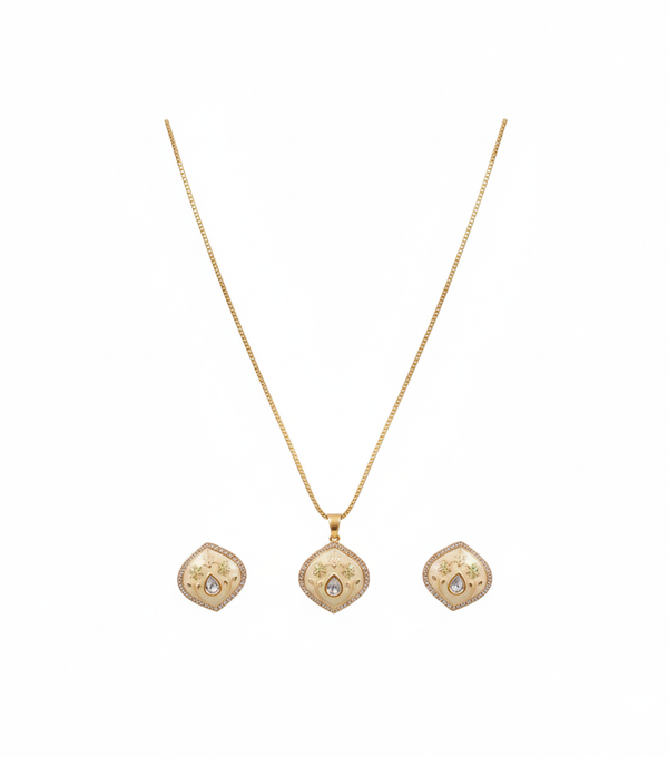 TJC Traditional Indian Moissanite Glass Polki Chain Pendant – 22K Gold Plated (Adjustable 22–24 Inch)
