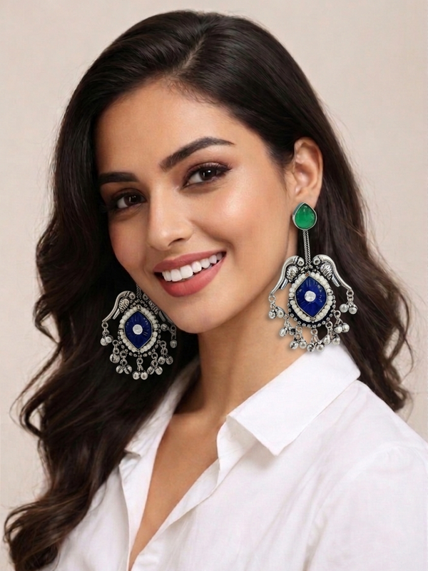 Silver Replica | Swiss Blue Chalcedony & Pearl | Oxidised Kashmiri Earrings |