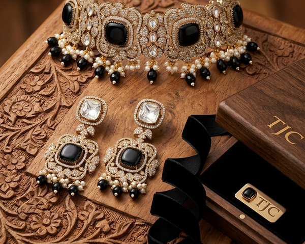 Monalisa Black Onyx | American Diamond Choker Necklace Set with Earrings | Elegant Jewelry |