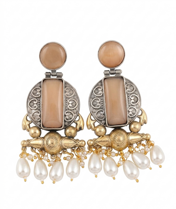 Peach Monalisa Glass | Silver & Gold (Dual) Plated | Silver Replica Oxisidised Earrings |