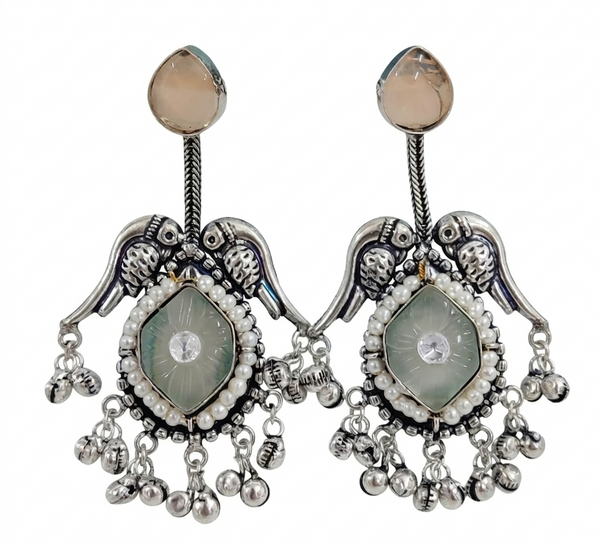 Silver Replica | Aqua Grey Chalcedony & Pearl | Oxidised Kashmiri Earrings |