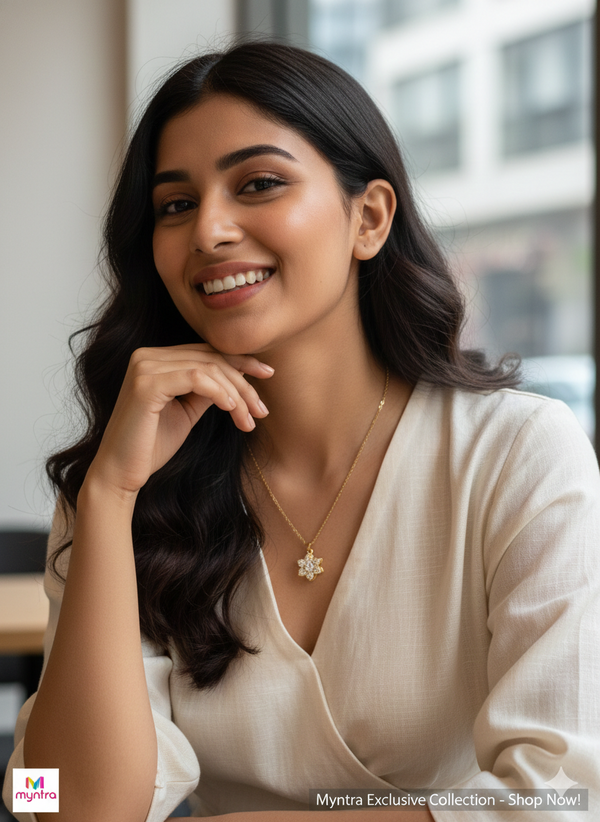 Anti - Tarnish Gold Plated Lotus Flower Star Shape Premium Chain Pendant with Cubic Zirconia Stones