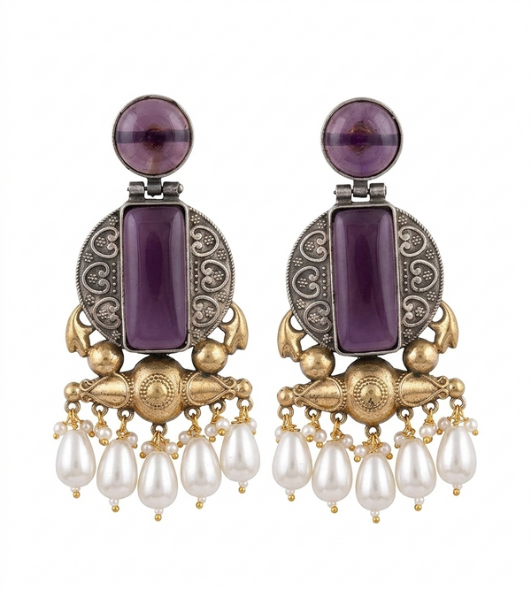 Amethyst Glass | Silver & Gold (Dual) Plated | Silver Replica Oxisidised Earrings |