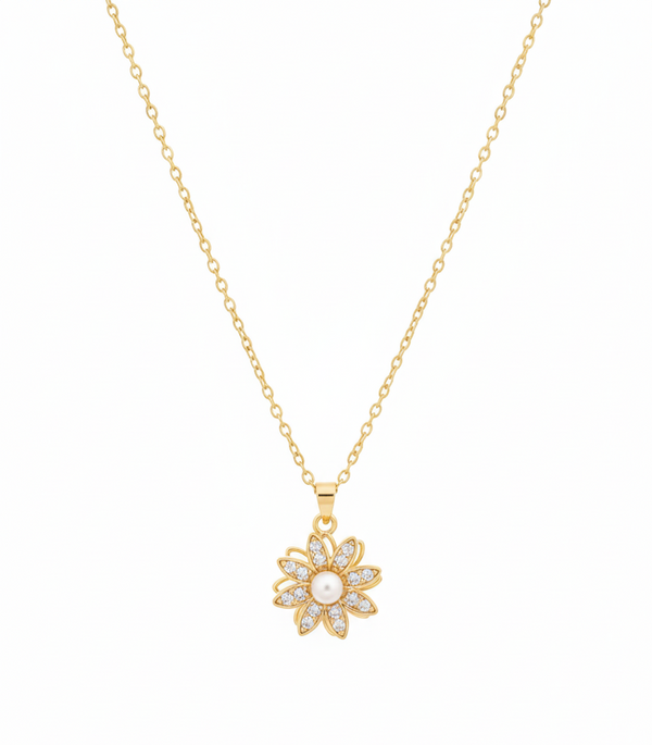 Anti - Tarnish Golden Pearl Bloom Floral Pendant in Daisy Shape Premium Chain Pendant with Gold Plated