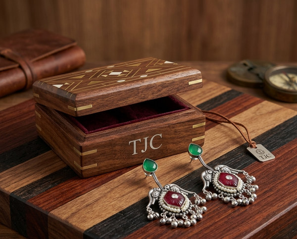 Silver Replica | Red Chalcedony & Pearl | Oxidised Kashmiri Earrings |
