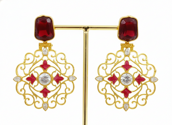 Traditional Ruby Red Dangler Partywear Premium Quality Earrings in Gold Plated