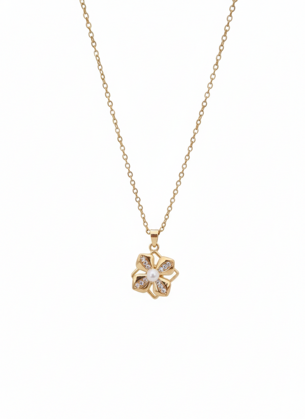 Anti - Tarnish Gold Plated Mini WhitePearl Flower Premium & Elegant Chain Pendant & Layered ChainPendant